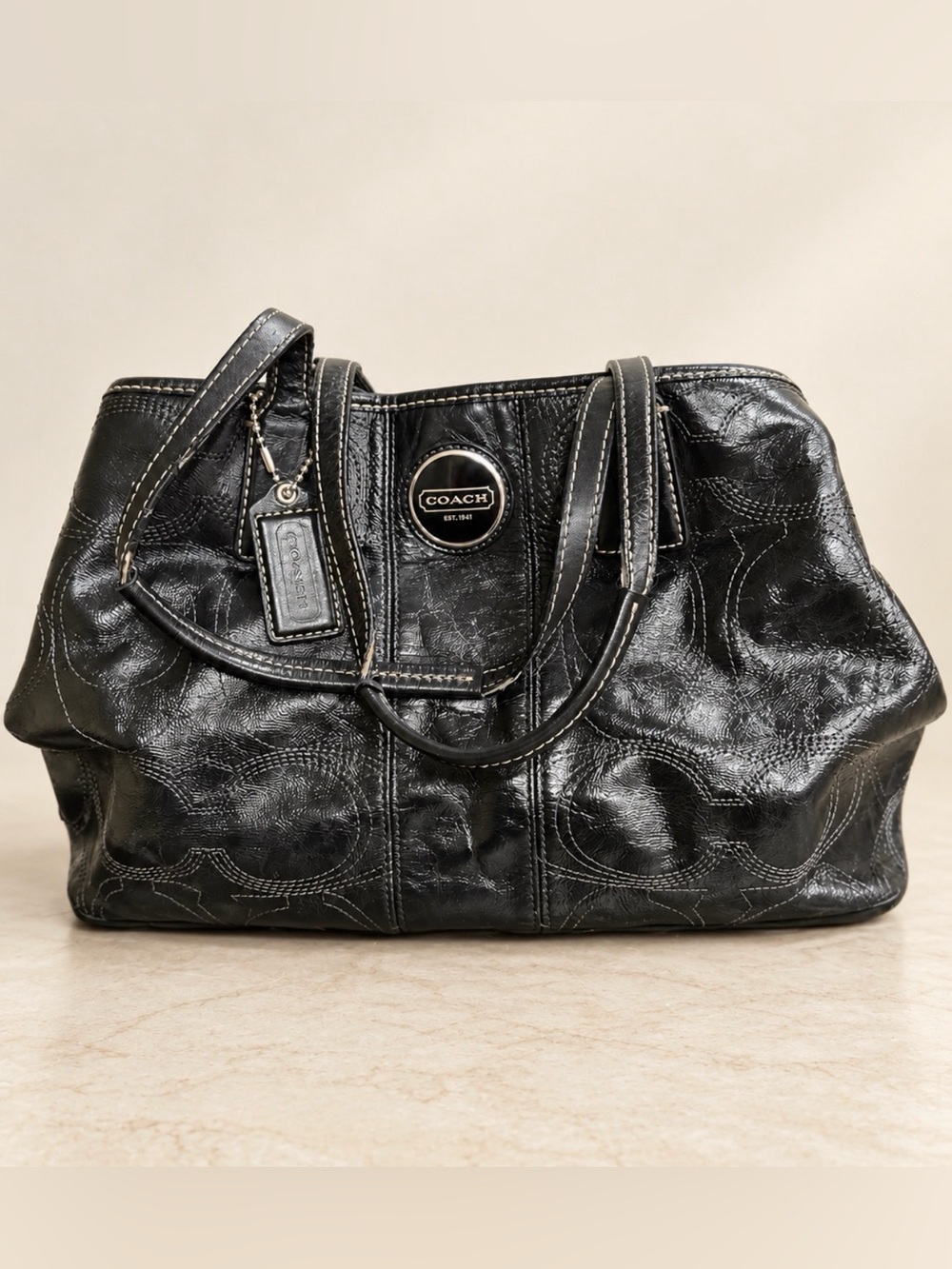 Coach Black patent  Leather Tote with Signature Stitching 15658